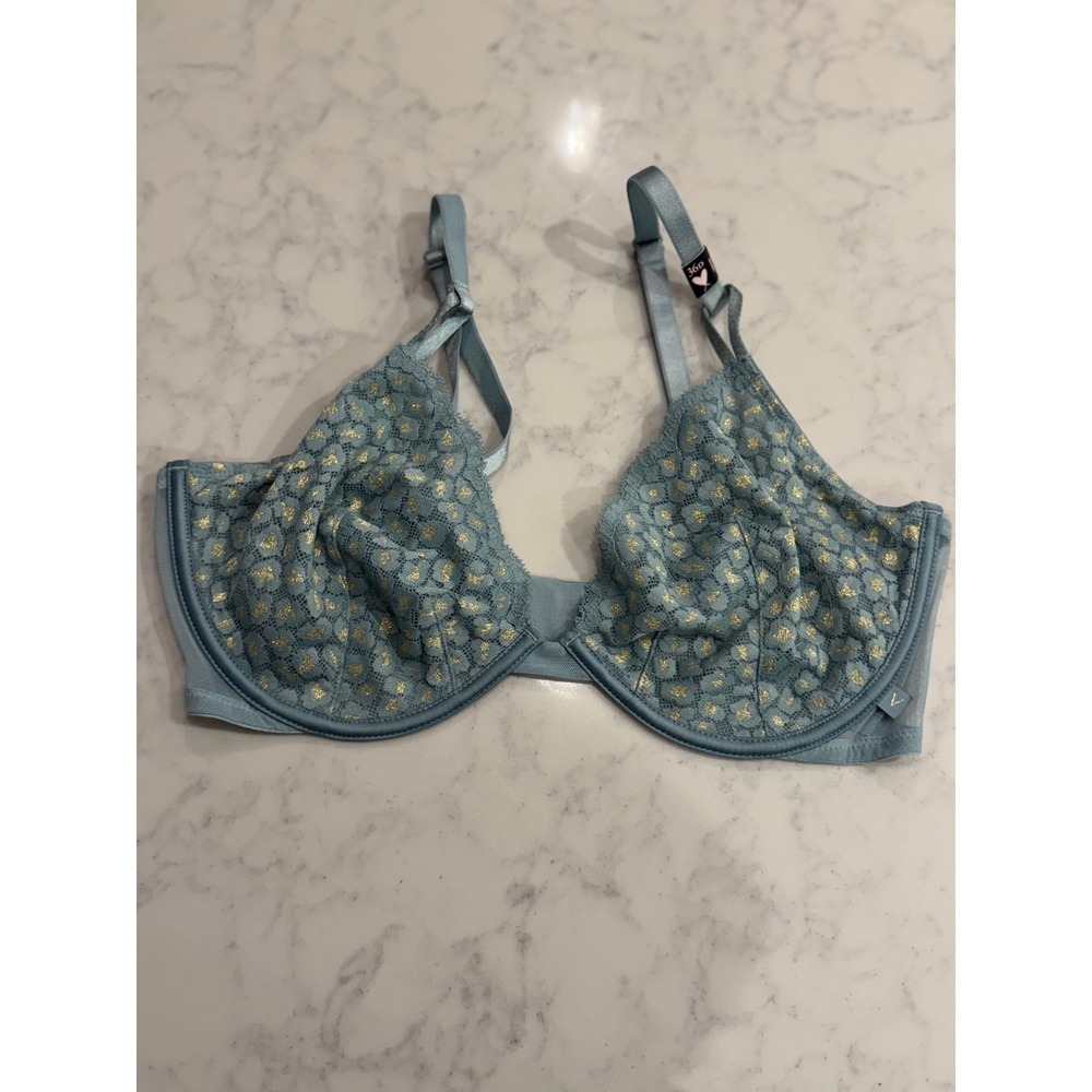 Victoria's Secret 36D Blue Gold Foil Leopard Mesh Unlined Balconette Bra NWT